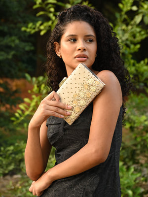 Rajwada Beige Metal Embroidered Clutch Bag For Women