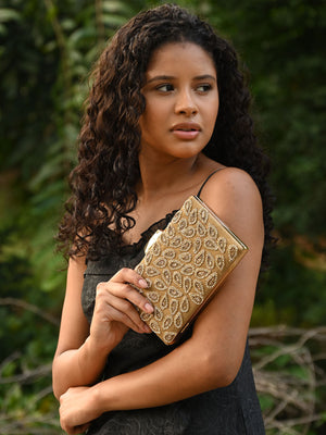Rajwada Beige Faux Stone Embellished Clutch Bag For Women