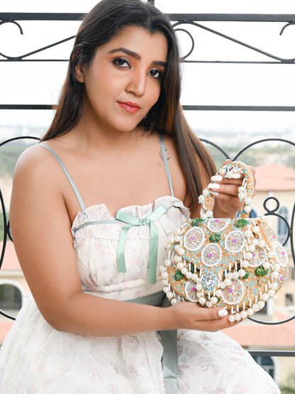 Rajwada Beige Suede With Cutdana, Beads And Shell Work Boho Tassels Hand Bag For Women