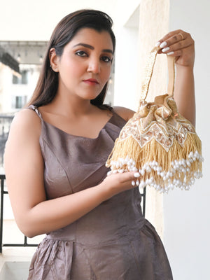 Rajwada Golden Suede With Sequin And Beads Tassels Potli For Women