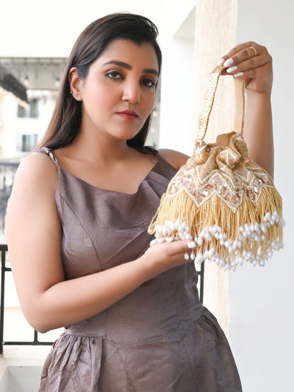 Rajwada Golden Suede With Sequin And Beads Tassels Potli For Women