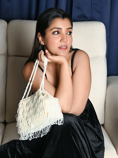 Rajwada Off White Raw Silk Beads And Pearl Tassels Work Hand Bag For Women