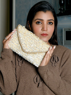 Rajwada Golden Jute Mother Of Pearl Embellished Bead work With Silver Stone Clutch For Women