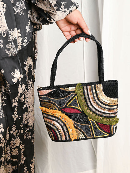 Rajwada Black Jute Comprehensive With Beads, Threads Hand Bag For Women