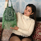 Rajwada Green Beads Suede And Cutdana With Wrist Loop tassels Drawstring Potli For Women