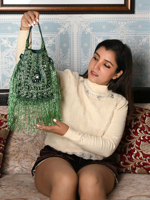 Rajwada Green Beads Suede And Cutdana With Wrist Loop tassels Drawstring Potli For Women