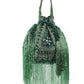 Rajwada Green Beads Suede And Cutdana With Wrist Loop tassels Drawstring Potli For Women