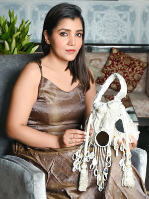 Rajwada Silver Suede Beads Tasseled Potli With Mirror Work Batuas For Women