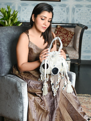 Rajwada Silver Suede Beads Tasseled Potli With Mirror Work Batuas For Women
