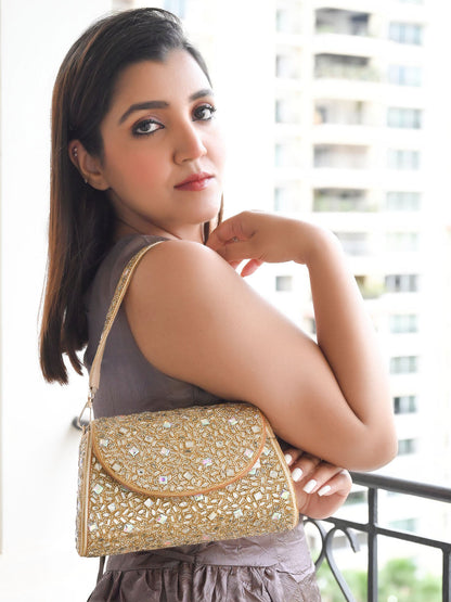 Rajwada Golden Jute Embellished Pure Silver Stone And Beads Hand Bag For Women