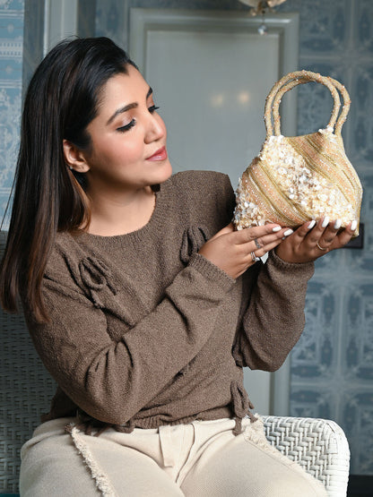 Rajwada Golden Raw Silk Beads And Sequin Embellished Hand Bag For Women