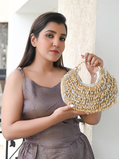 Rajwada Silver And Golden Suede With Beads And Tassels Hand Bag For Women