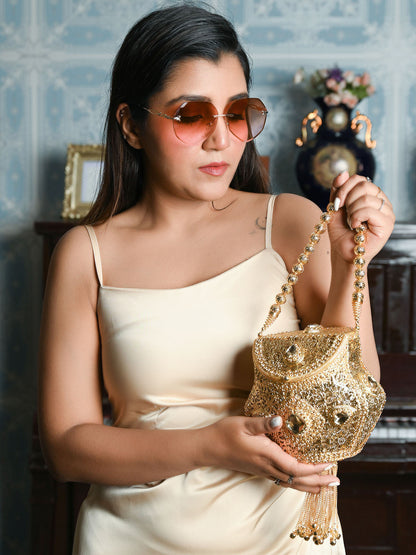 Rajwada Golden Metal With Metallic Wrist Loop Hand Bag For Women