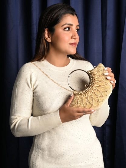 Rajwada Beige Velvet Embellished With Sequin Clutch For Women