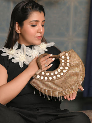 Rajwada Golden Polyester Encompassing With Bead And  Stone Hand Bag For Women