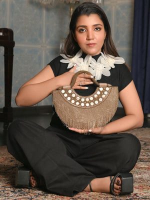 Rajwada Golden Polyester Encompassing With Bead And  Stone Hand Bag For Women