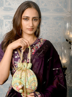 Rajwada Sea Green Embroidered Bridal Potli Bag For Women