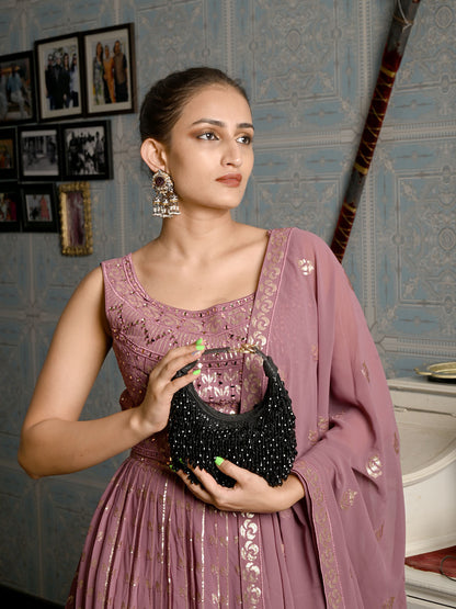 Rajwada Black Beaded Moon Clutch For Women
