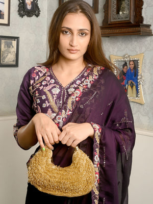 Rajwada Golden Beaded Moon Clutch For Women