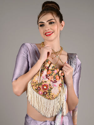 Rajwada Women Beige Embellished Beaded-Embroidered Pearly Potli