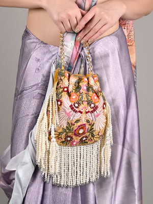 Odette Women Beige Embellished Beaded-Embroidered Pearly Potli