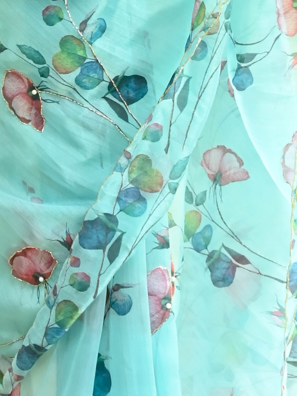 Rajwada - Blue Organza Floral Print Saree With Unstitched Blouse