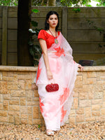 Rajwada - White Organza Leaf Print Saree With Unstitched Blouse