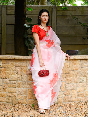 Rajwada - White Organza Leaf Print Saree With Unstitched Blouse