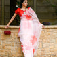 Rajwada - White Organza Leaf Print Saree With Unstitched Blouse