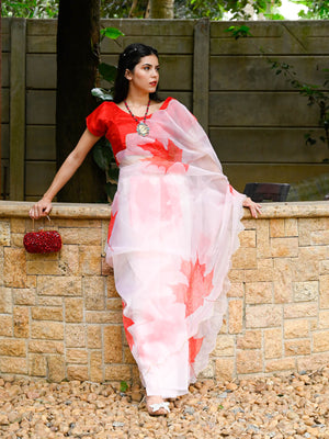 Rajwada - White Organza Leaf Print Saree With Unstitched Blouse