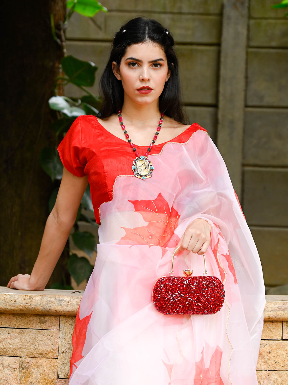 Rajwada - White Organza Leaf Print Saree With Unstitched Blouse