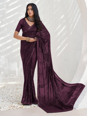 Rajwada Wine Georgette Embellished Saree With Unstitched Blouse For Women
