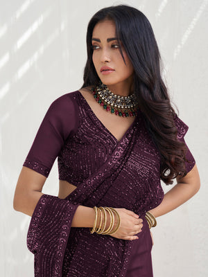 Rajwada Wine Georgette Embellished Saree With Unstitched Blouse For Women