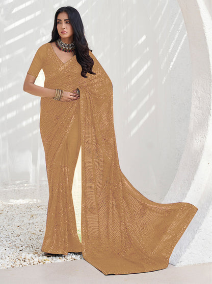 Rajwada Beige Georgette Embellished Saree With Unstitched Blouse For Women