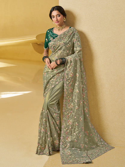 Rajwada Olive Green Net Embroidered Saree With Unstitched Blouse For Women