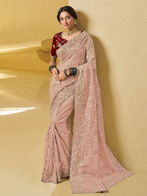 Rajwada Light Pink Net Embroidered Saree With Unstitched Blouse For Women