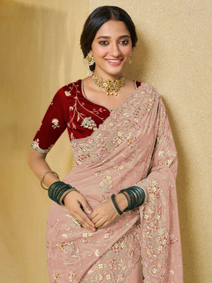 Rajwada Light Pink Net Embroidered Saree With Unstitched Blouse For Women