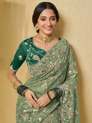 Rajwada Light Green Net Embroidered Saree with Unstitched Blouse For Women