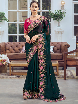 Rajwada Teal Georgette Embroidered Saree with Unstitched Blouse For Women