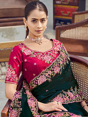 Rajwada Teal Georgette Embroidered Saree with Unstitched Blouse For Women