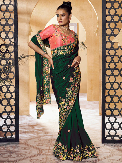 Rajwada Green Crepe Embroidered Saree with Unstitched Blouse For Women