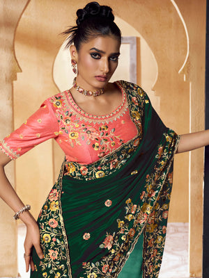 Rajwada Green Crepe Embroidered Saree with Unstitched Blouse For Women