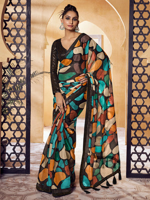 Rajwada Multicolor Satin Printed Saree with Unstitched Blouse For Women