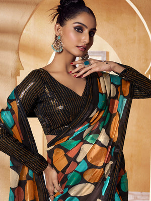 Rajwada Multicolor Satin Printed Saree with Unstitched Blouse For Women