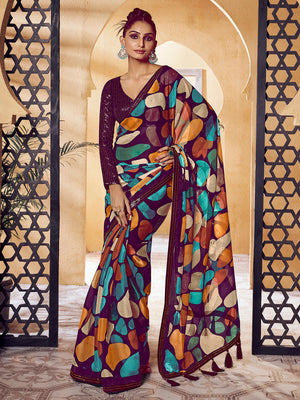 Rajwada Purple Satin Printed Saree with Unstitched Blouse For Women
