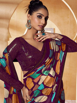 Rajwada Purple Satin Printed Saree with Unstitched Blouse For Women