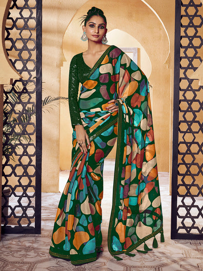 Rajwada Green Satin Printed Saree with Unstitched Blouse For Women