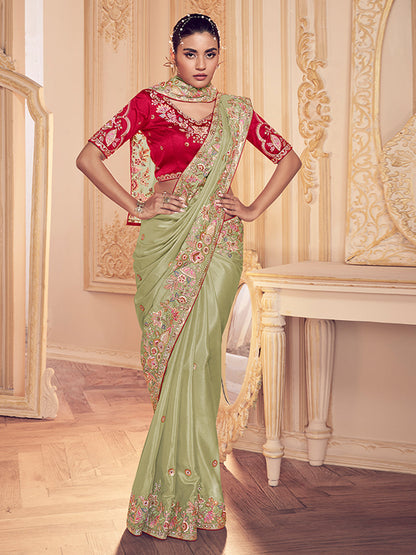Rajwada Green Georgette Embroidered Saree With Unstitched Blouse For Women