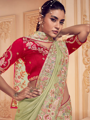 Rajwada Green Georgette Embroidered Saree With Unstitched Blouse For Women