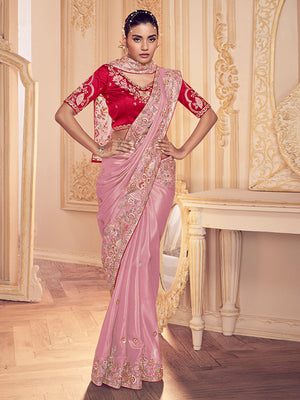 Rajwada Pink Georgette Embroidered Saree With Unstitched Blouse For Women